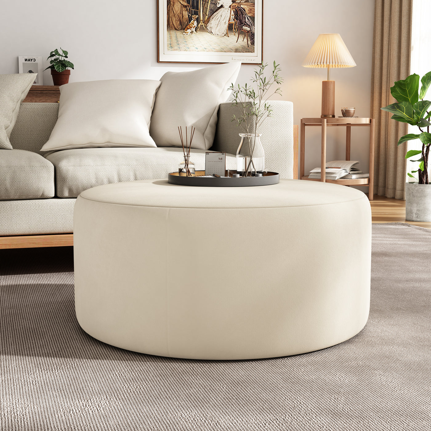 Round Velvet Ottoman, Cream, 30x30x16 Inch