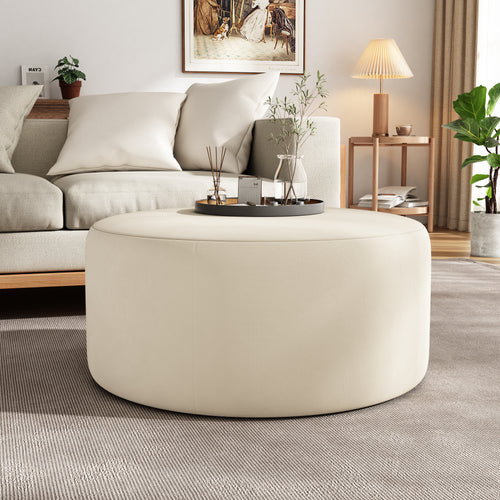 Round Velvet Ottoman, Cream, 30x30x16 Inch