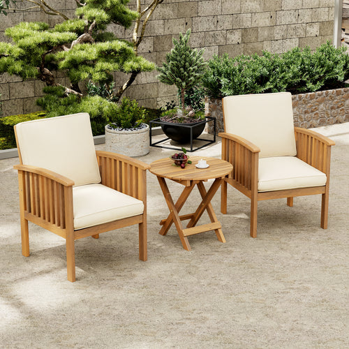 Outdoor Conversation Set Acacia Wood Cream Cushion 3 Piece Foldable