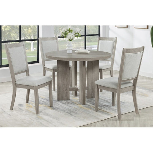 5pc Round Dining Set, 42" Wood Table, 4 Upholstered Chairs