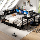 Twin Bed Frame with Storage Drawers, Bookcase and LED Light