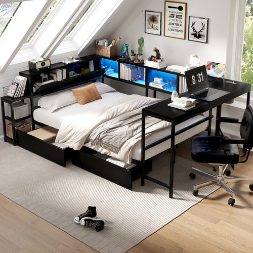 Twin Bed Frame with Storage Drawers, Bookcase and LED Light