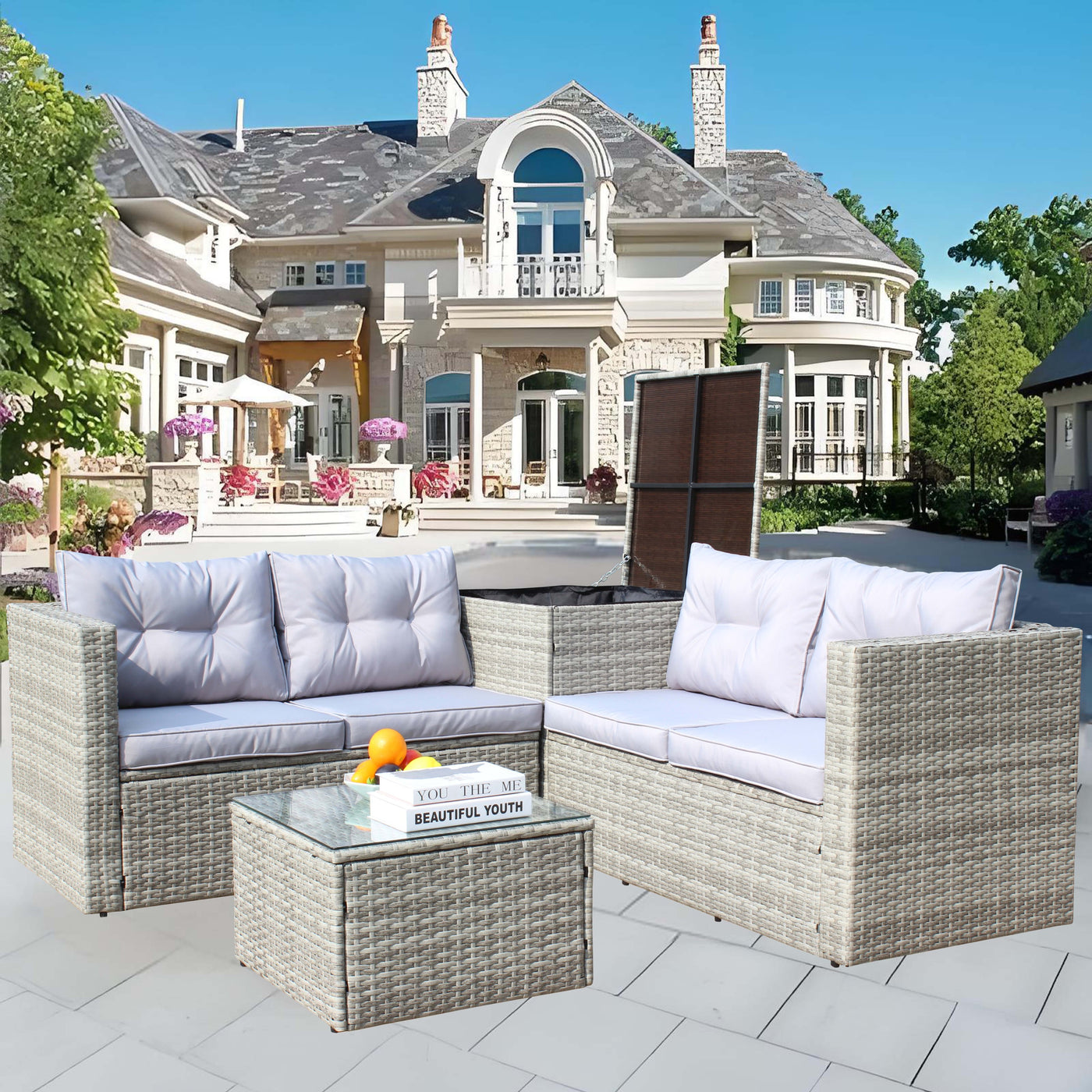 4 Piece Grey Wicker Rattan Patio Sectional Sofa Set Storage