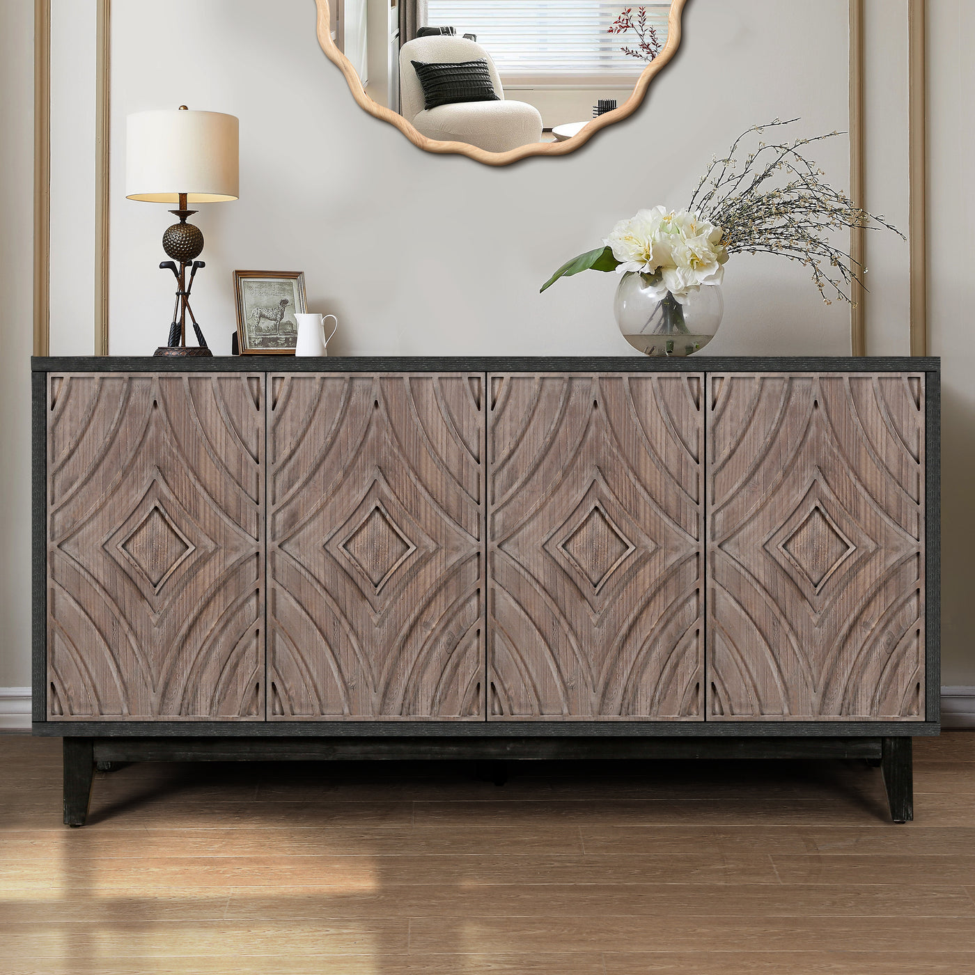 Mid Century Sideboard Buffet Cabinet 60" Solid Wood Legs