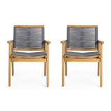 Outdoor Dining Chair Acacia Wood Dark Gray Rope Weave Set of 2