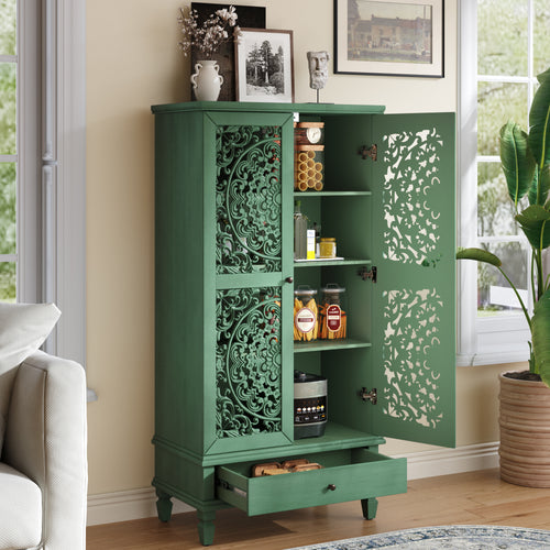 55" Rustic Storage Cabinet with Drawer, Carved Wood Doors, Antique Green