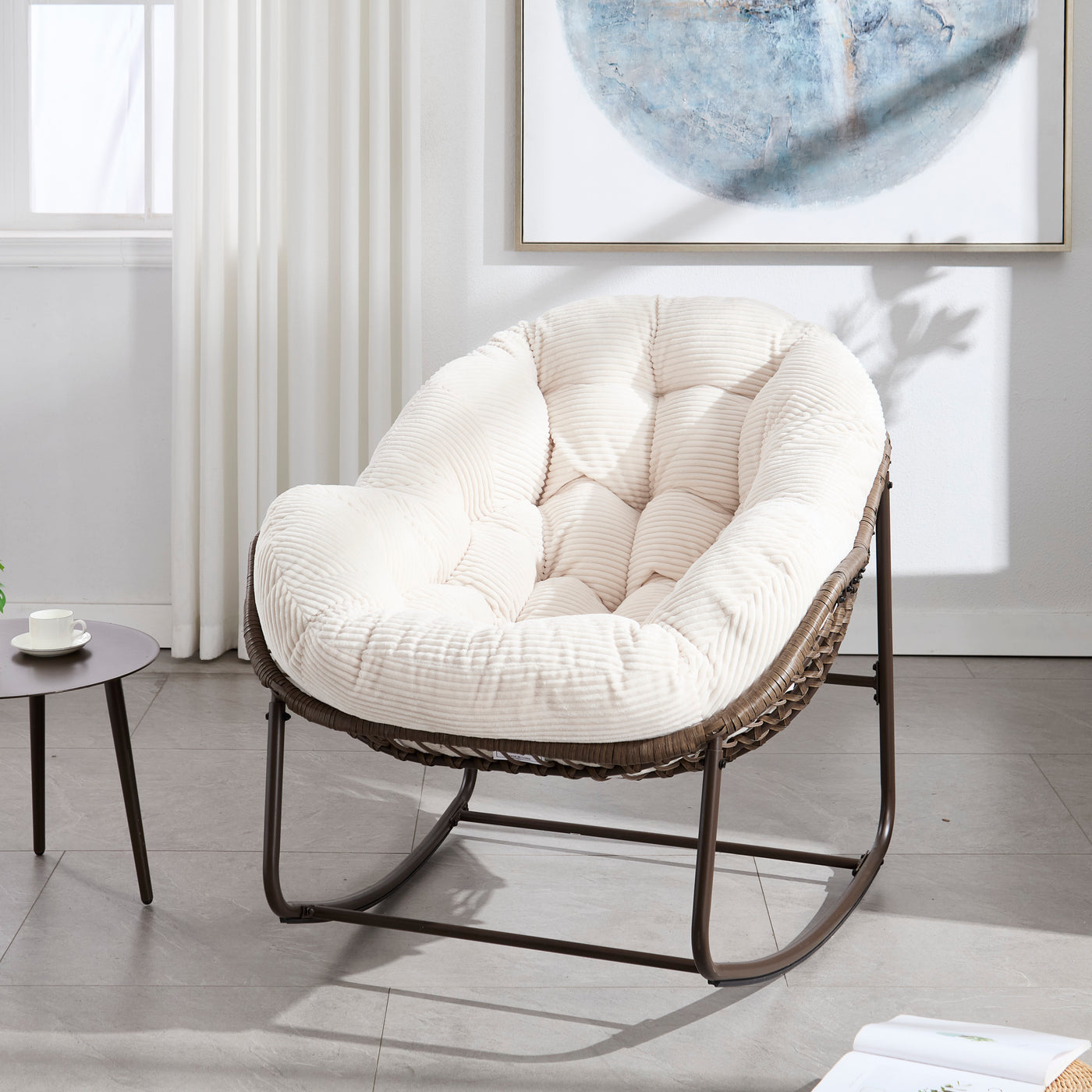 Outdoor Rocking Chair Rattan Steel White Cushion Oversized 250 LB