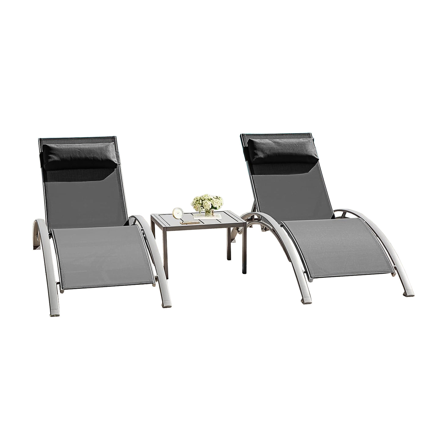 Outdoor Chaise Lounge Aluminum Textilene Dark Gray Set of 3 5-Position 350 LB
