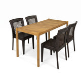 Rustic Acacia Wood Patio Dining Set with PE Rattan Chairs, 5-Piece Outdoor Furniture in Brown Multi and Light Teak