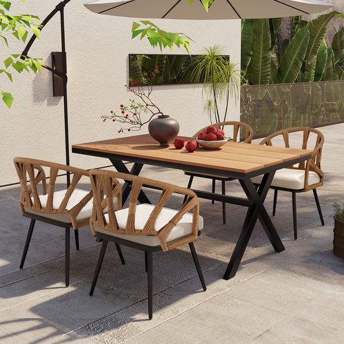 Outdoor Set PE Rattan Chairs Plastic Wood Table Dark Yellow Seats 4