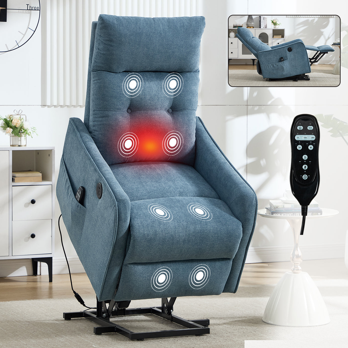 Blue Chenille Power Lift Recliner Chair with Massage Heat