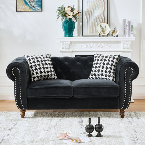 Loveseat Mid-Century Chesterfield Velvet Black 2 Seat Rolled Arms 67 In 450 LB