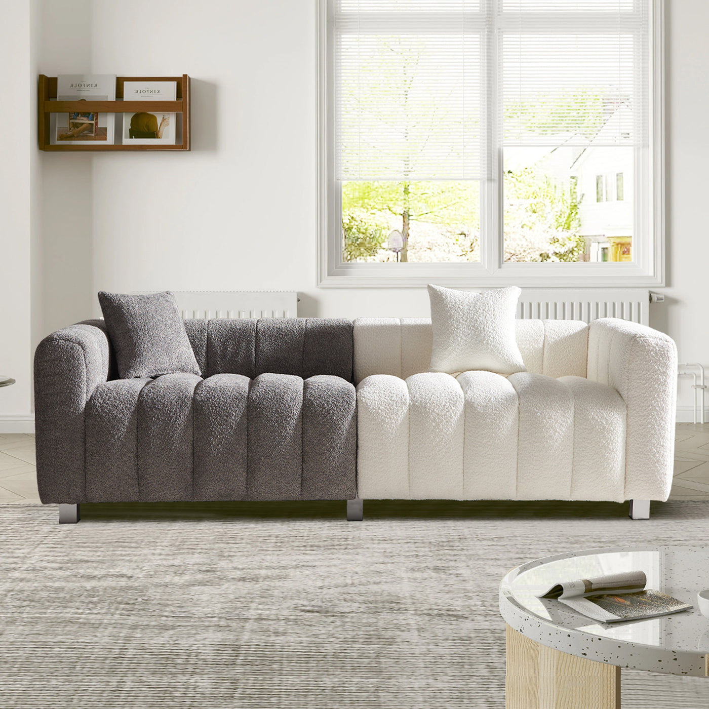 Sofa Modular Velvet Teddy White Gray 3 Seat Metal Legs 87 In 750 LB