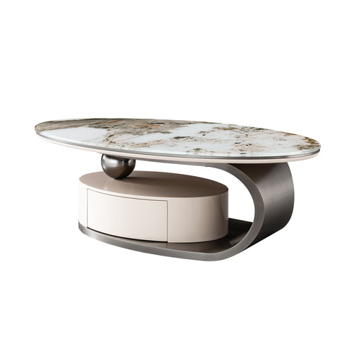 Modern Oval Coffee Table Faux Marble Glass Top Grey
