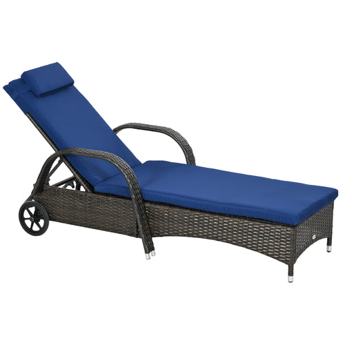 PE Rattan Chaise Lounge Chair with Wheels, Cushion & Headrest