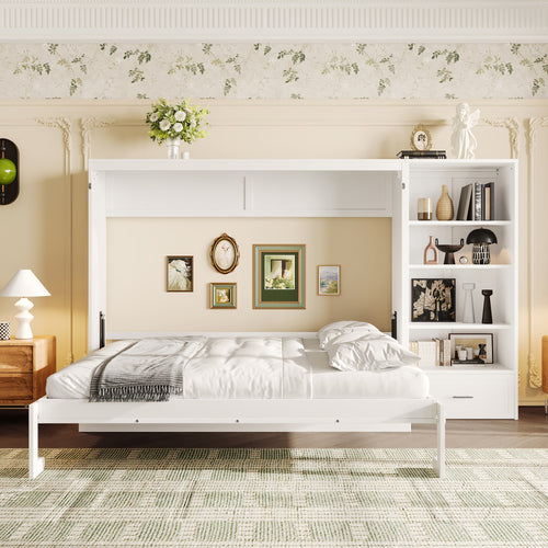 Queen Size Murphy Bed with Height Adjustable Storage Compartments and Shelf, Wall Bed Frame With 1 Drawer, Multifunctional Foldable Platform Bed for Bedroom,Guest Room, White(OLD SKU:N733S309223K)