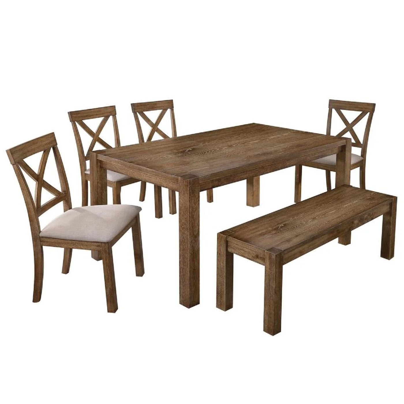 Transitional Driftwood Dining Set with Oak Finish Table Bench Chairs