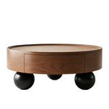Round Solid Wood Coffee Table with Storage Walnut/Black