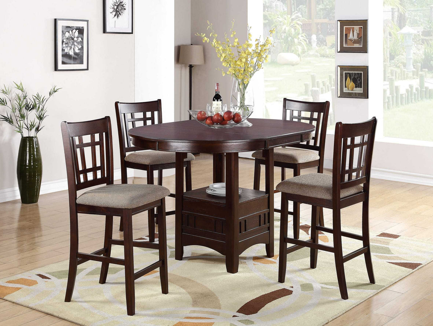 Counter Height 5pc Round Dining Set w Leaf Dark Brown Wood