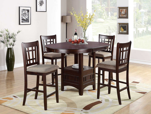 Counter Height 5pc Round Dining Set w Leaf Dark Brown Wood