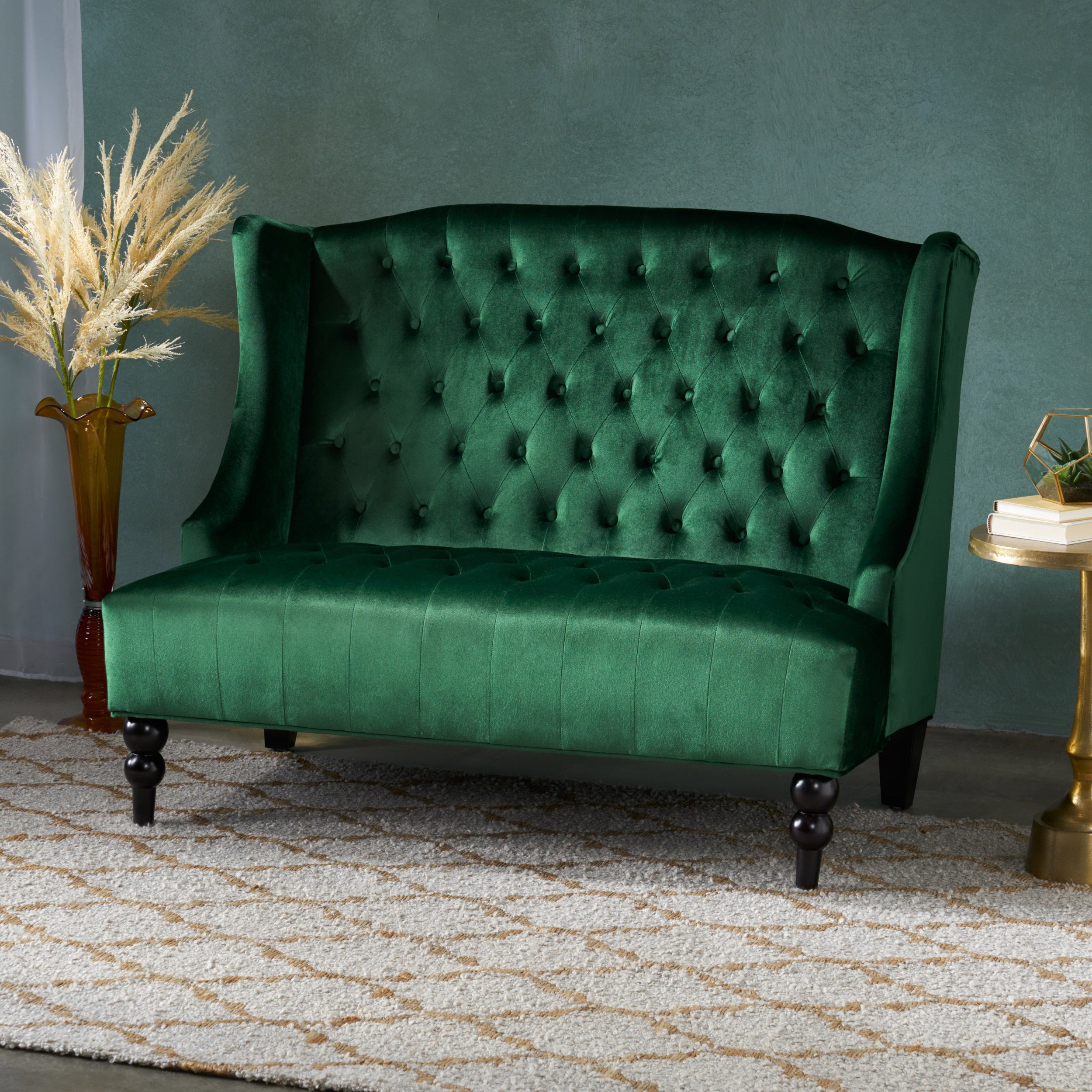 Emerald Velvet Loveseat Modern Glam Style Plush Upholstery Luxury
