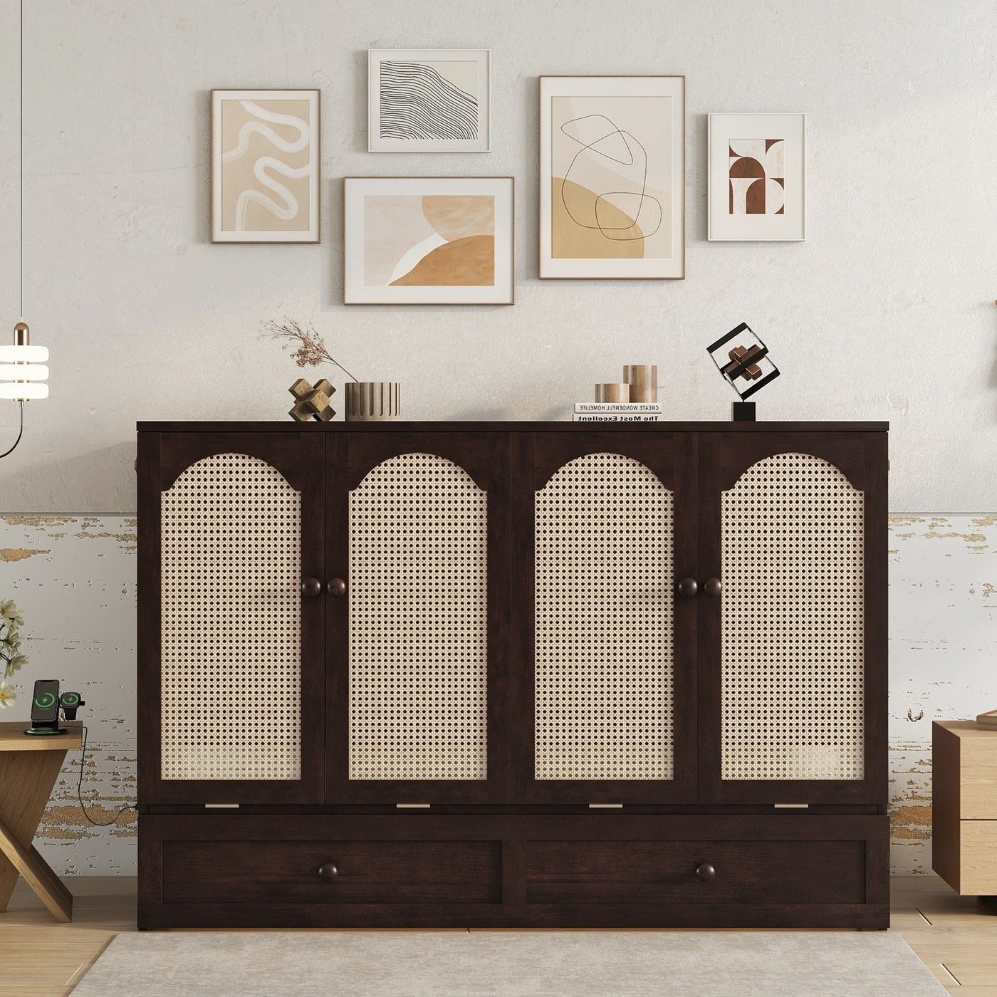 Queen Size Pine Wood Murphy Bed with Power Station