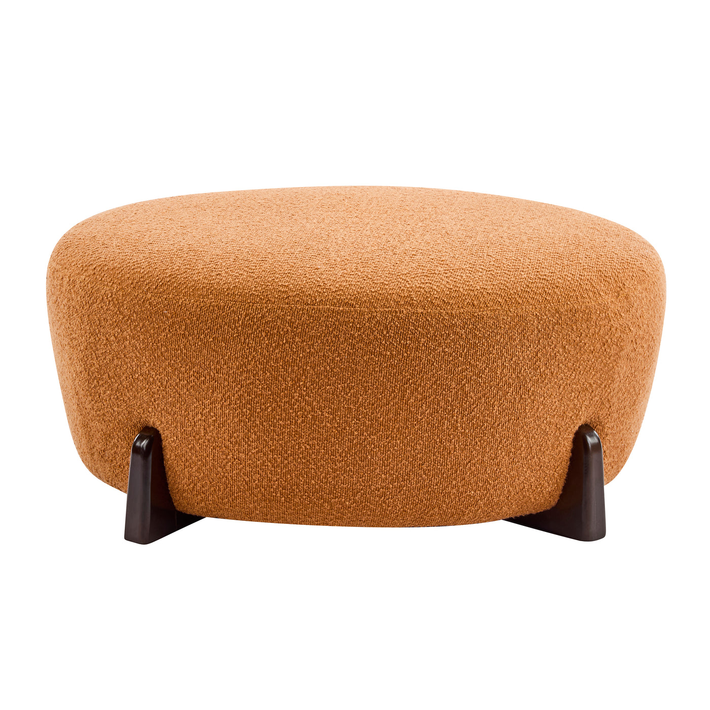Modish Round Ottoman with Boucle Top and Splayed Rubber Wood Legs in Pumpkin Orange
