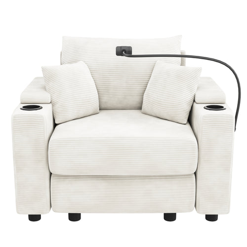 Modern Single Sofa Couch 39.4" with Storage USB Ports Cup Holders Beige