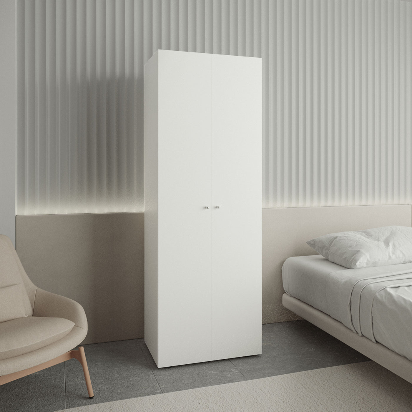 2 Door White Armoire Closet System with Hanging Rod Storage Shelf