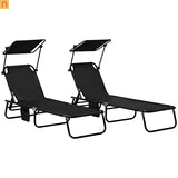 Chaise Lounge Steel Black Folding Canopy Shade 5 Position 265 lb Set of 2
