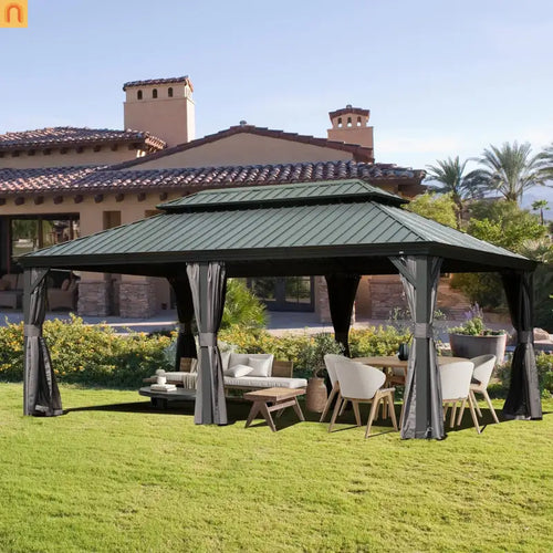 Hardtop Gazebo Aluminum Gray 12x18ft Netting Curtains 50MPH