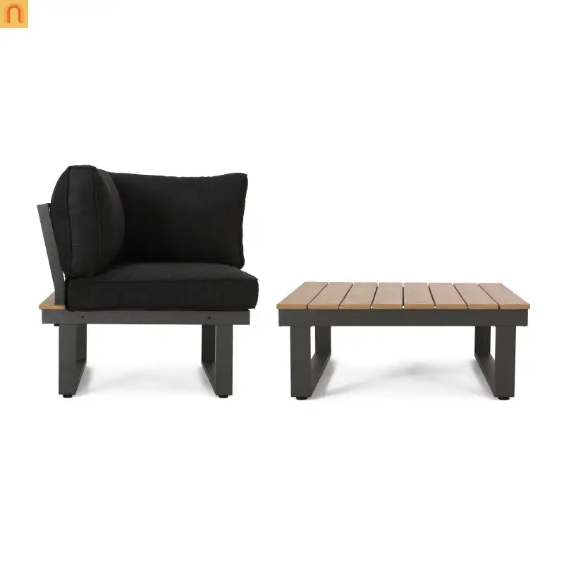 Outdoor Corner Chair Set Aluminum Acacia Wood Dark Gray 2 Piece