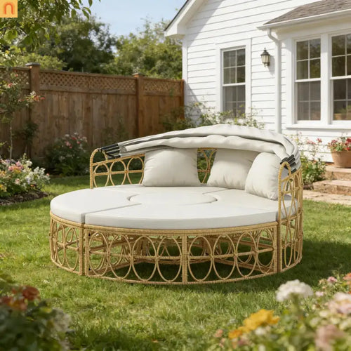 Outdoor Daybed Set PE Rattan Natural Cream 4 Piece Canopy 528 lb Cap