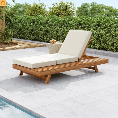 Chaise Lounge Acacia Wood Teak Cream 4 Position Adjustable 79in 800 LB