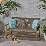 Outdoor Sofa Loveseat Acacia Wood Wicker Natural 52in