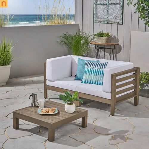 Outdoor Loveseat Set Acacia Wood White Cushions 3-Piece Table