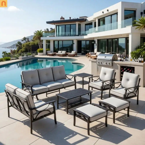 Outdoor Patio Set 8 Piece Steel Black Gray Seats 9