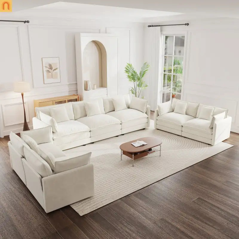 Sofa Set Modular Chenille White Deep Seat 7-Seat 3-Piece