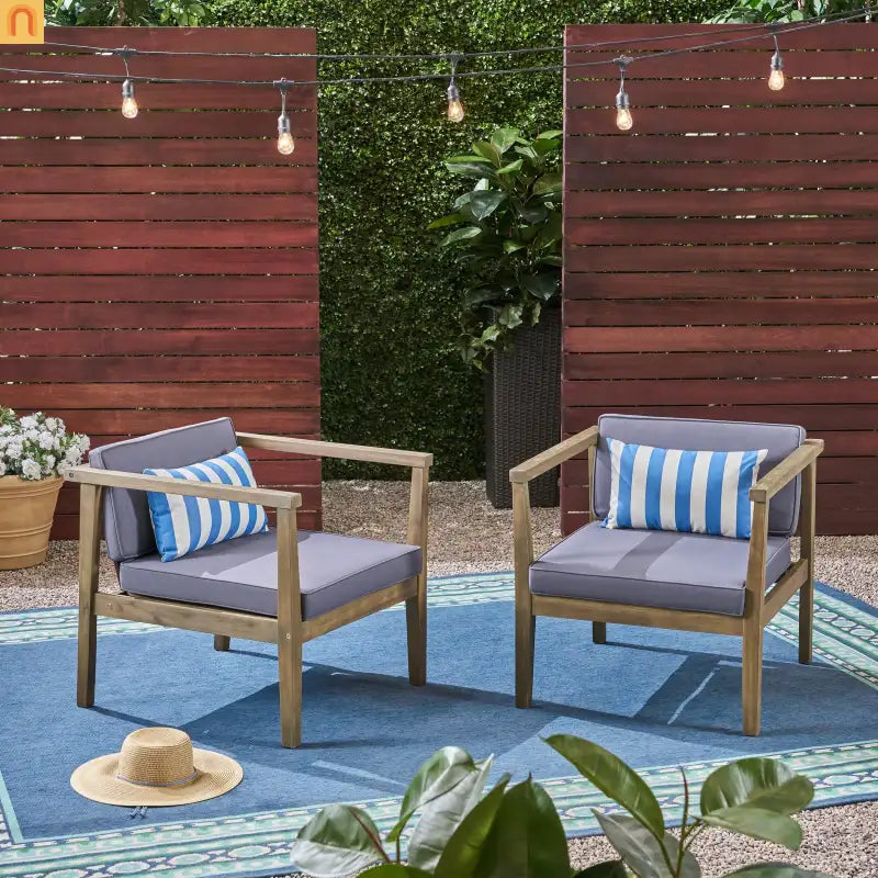 Outdoor Club Chair Acacia Wood Gray Dark Gray Cushion Set of 2