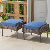 Outdoor Ottoman PE Wicker Brown Blue Cushion Set of 2 250 LB