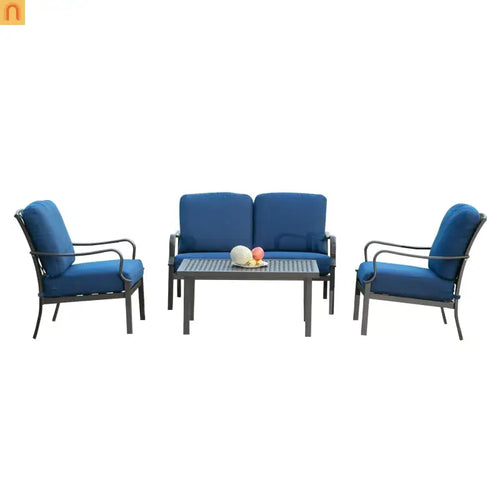 Outdoor Patio Set Metal Navy Blue 4 Piece 2 Chairs Loveseat Table