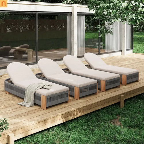 Outdoor Lounge Chair Set Acacia Wood Gray Rope 4 Piece 5 Position 800 LB