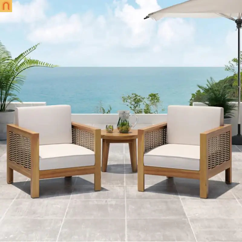Outdoor Club Chair Set Acacia Wood Wicker Teak Beige Set of 2