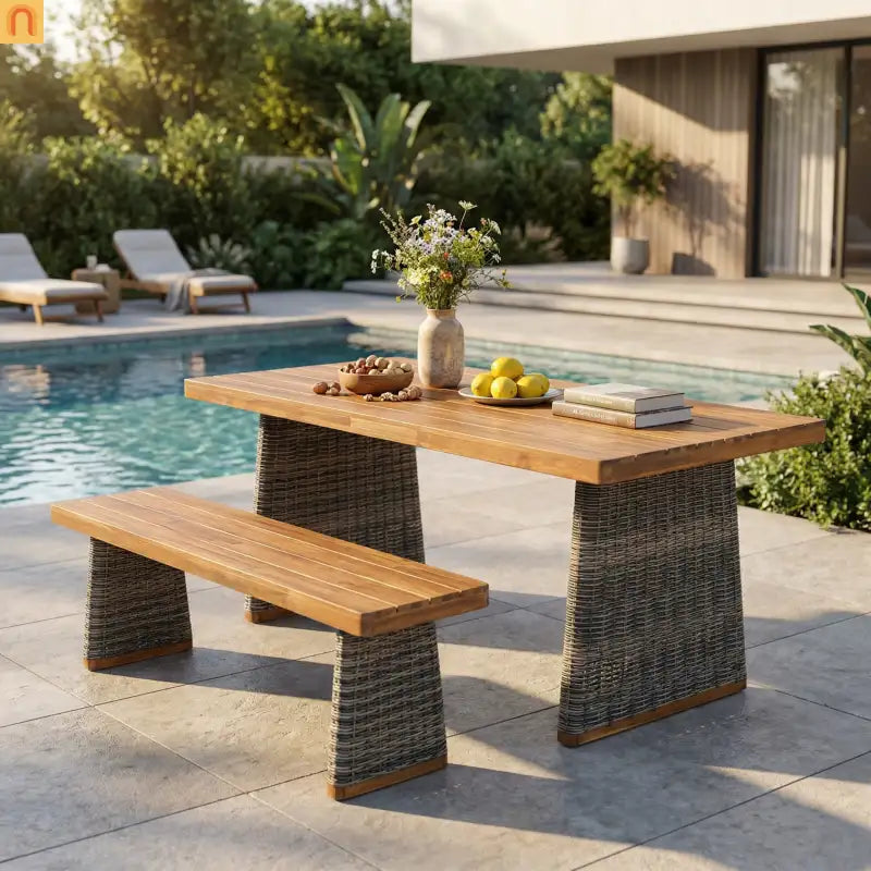 Outdoor Dining Set Acacia Wood Wicker Gray Teak Table Bench