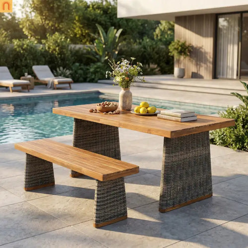 Outdoor Dining Set Acacia Wood Wicker Gray Teak Table Bench