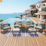 Outdoor Sofa Set PE Wicker Gray Beige 6 Piece Loveseat Ottoman