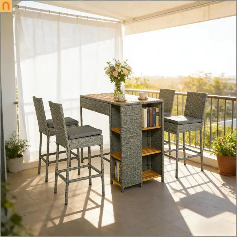Outdoor Bar Set Acacia Wood PE Wicker Steel Gray 5 Piece