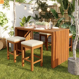 Outdoor Bar Set Acacia Wood Natural Beige Cushion 5 Piece Bar Stools