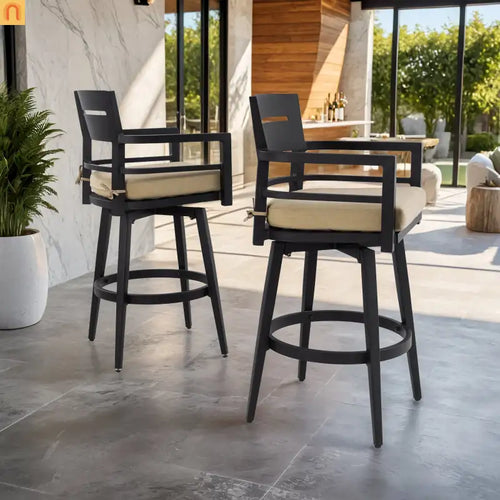 Outdoor Bar Stool Aluminum Black Swivel 360 Cushion Set of 2 42.9in