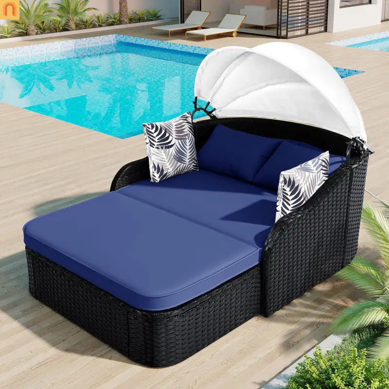Outdoor Double Sun Lounge Bed PE Rattan Black Blue Canopy 500 lb Cap
